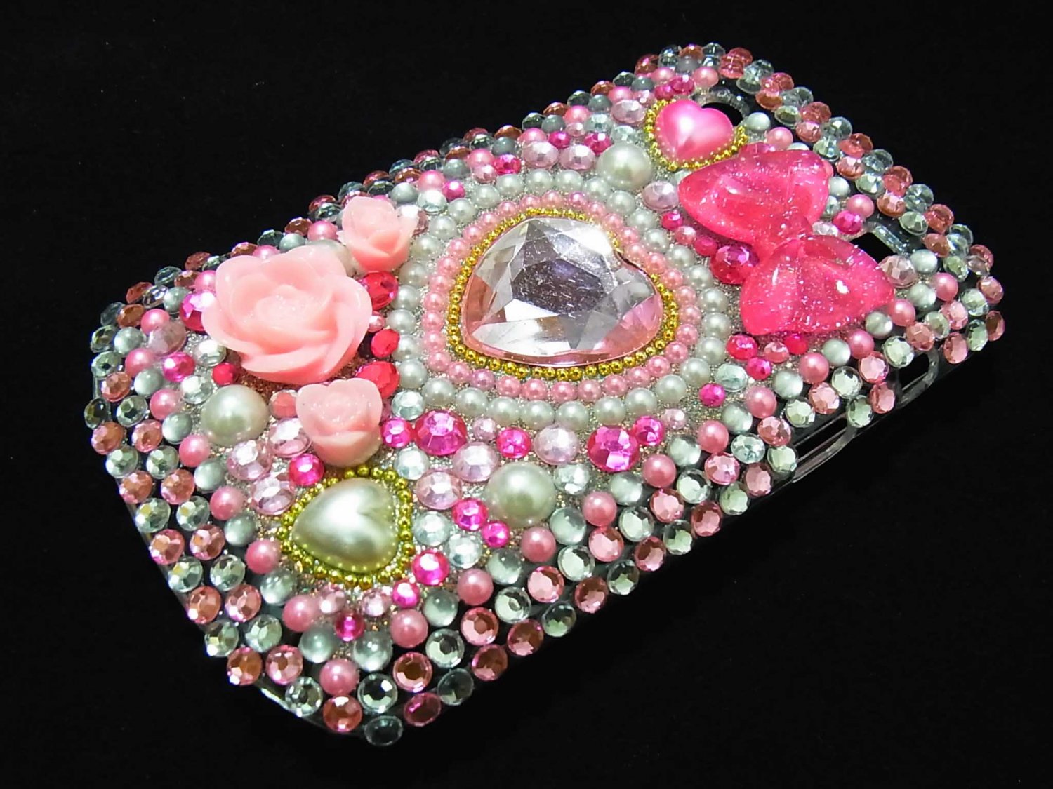 Bling Rhinestone Crystal Pink Flower Pearl Heart Case Cover for Blackberry 9900 9930 Bold PH