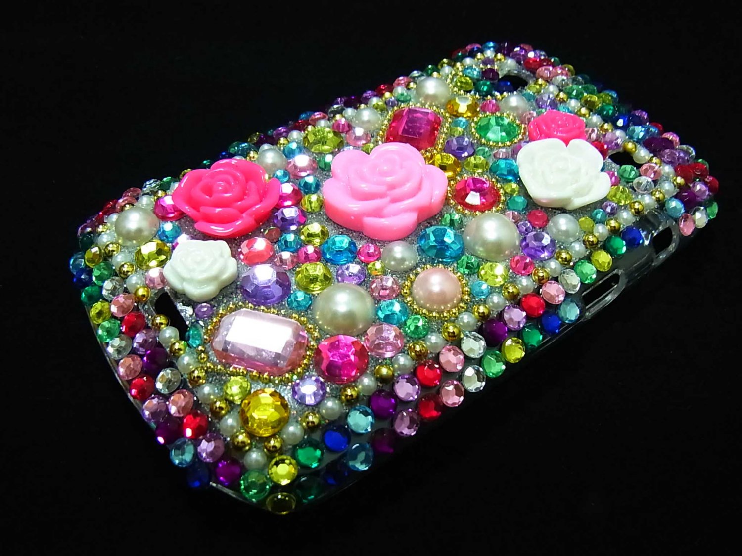 Bling Rhinestone Crystal Colorful Flower Pearl Case Cover for Blackberry 9900 9930 Bold MF