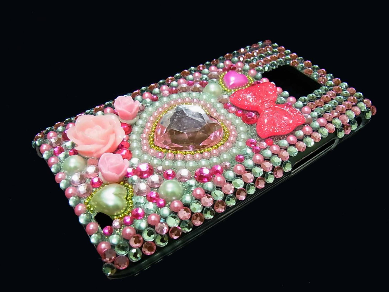 Bling Rhinestone Crystal Pink Heart Flower Pearl Case Cover for Samsung i9100 Galaxy S 2 II