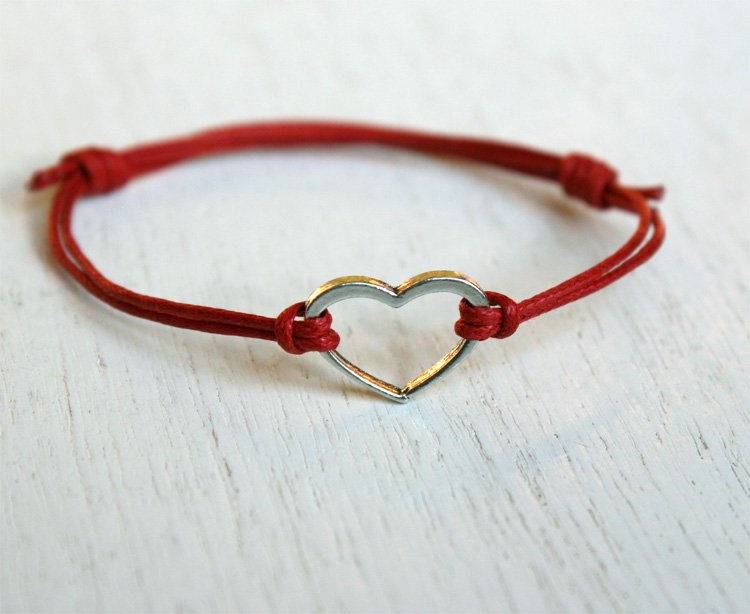 Open Heart Bracelet with Cotton Thread (many colors to choose)