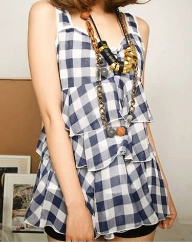 Cute Plaid Lattice Navy Blue and White Ruffle Flared Top XS - Item #IFWJ81276