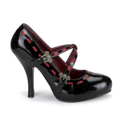 Sexy Criss Cross Black Pumps with Straps, Bat Buckles, Burgandy Trim Sz 11 - Item #WMS341F-FUNVAM10