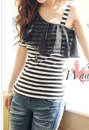 Adorable Striped Off-the-Shoulder Top with Sheer Flounce Juniors Sz XS Extra Small - Item #IFWJ81289