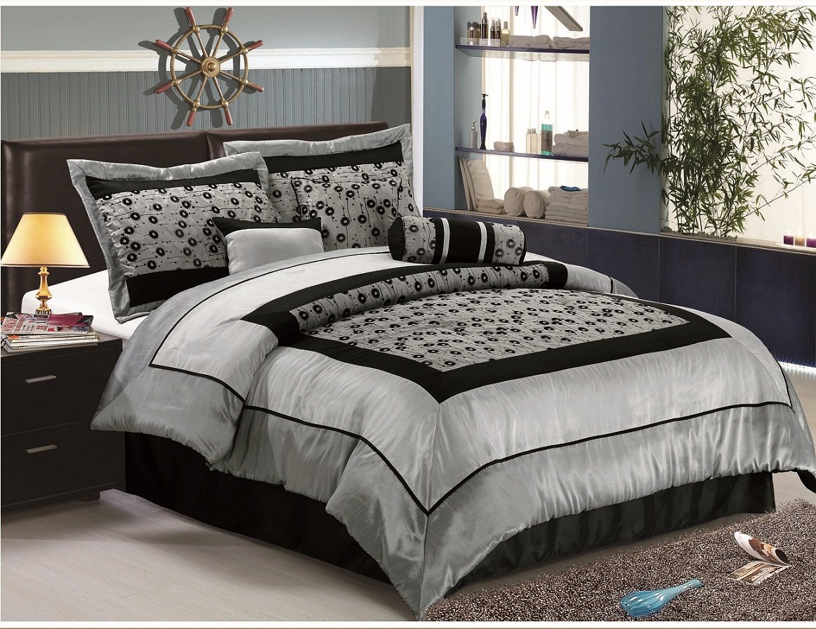 Queen Size Faux Silk Flocking Comforter Set bedding in a bag