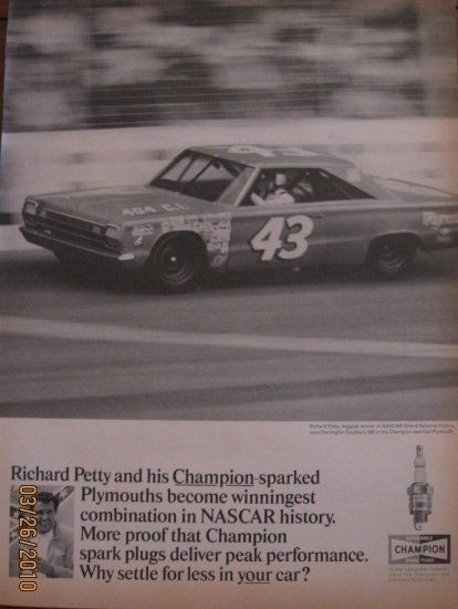 Champion Spark Plugs 1967 Richard Petty Authentic Print Ad