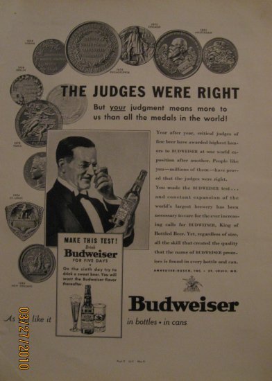 Budweiser Beer 1937 Authentic Print Ad