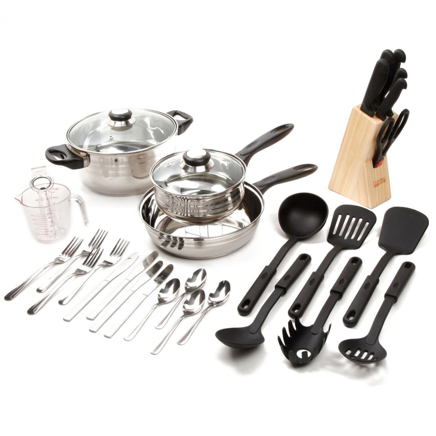 Gibson Lybra 25 Pc Cookware And 7 Pc Knife Cutlery Block Combo Set Total 32 Pc