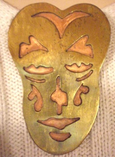 #P004 - Art Deco Brass and Copper Mask Pin