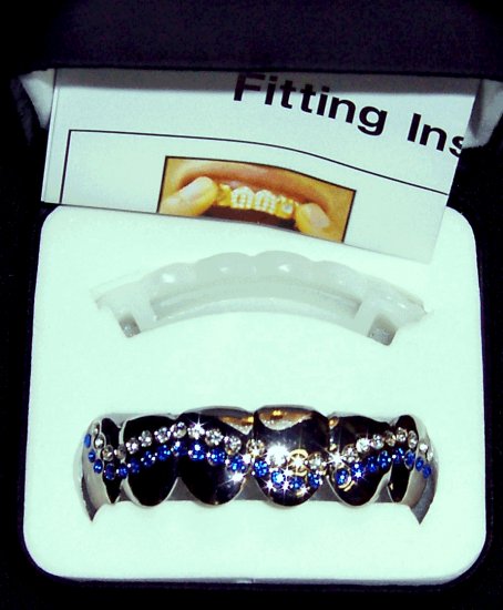 Silver Colored Blue & Clear Stoned Wave Pattern Grillz