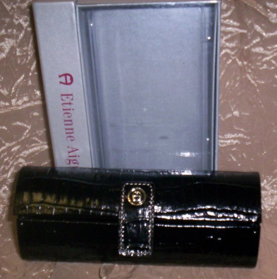 Etienne Aigner Croc Embossed Leather Black Eyeglass Case