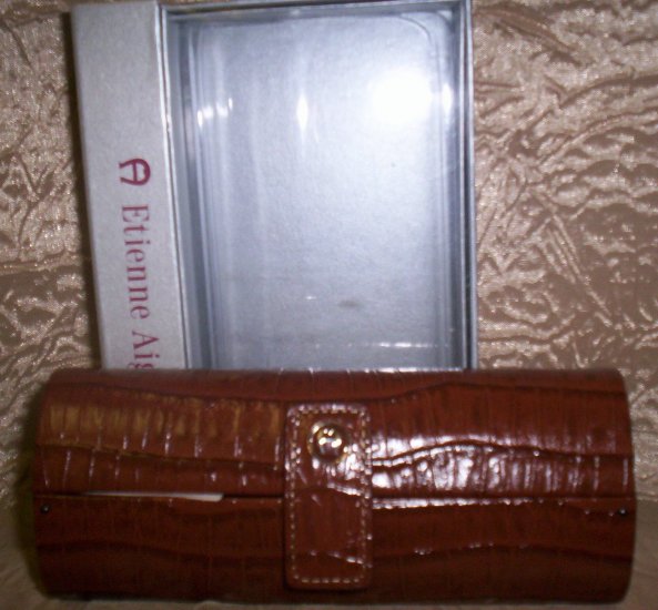 Etienne Aigner Croc Embossed Leather Tobacco Eyeglass Case