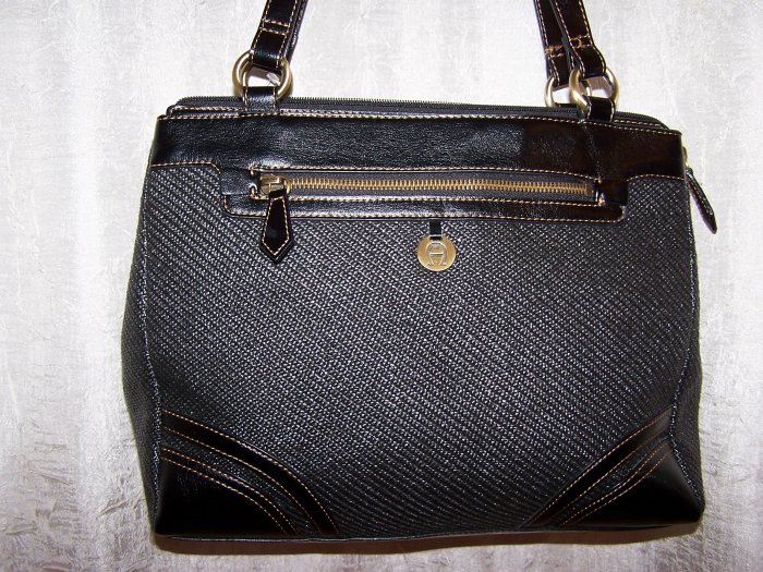Etienne Aigner Woven Satchel with Leather Trim in Black