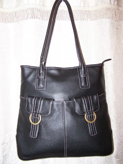 Anne Klein Double Ring Leather Shopper Shoulder Bag in Black