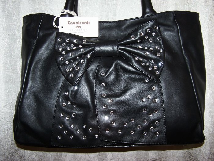 Cavalcanti Italian Leather Demi Style Handbag with Rhinestone Bow in Black