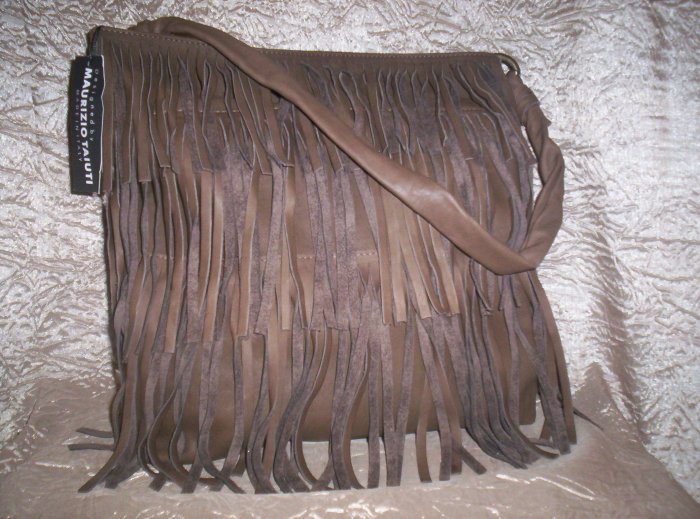 Maurizio Taiuti Italian Leather Fringe Shoulder Bag in Khaki Brown