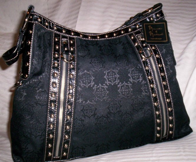 Mercer & Madison Diamond Signature Print Studded A-Line Hobo Shoulder Bag in Black