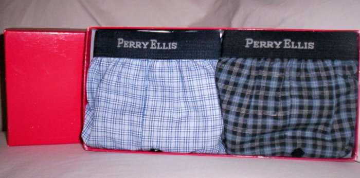 Gift Set of 2 Perry Ellis Medium Woven Boxers in Navy Blue/Gray/Aqua