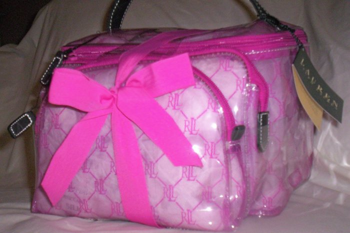 Lauren by Ralph Lauren Gift Set of 3 Cosmetic Case Travel Bags in Hot Pink and Clear