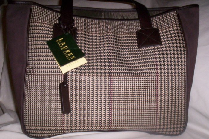 Lauren Ralph Lauren Houndstooth and Suede Shoulder Bag Tote in Brown