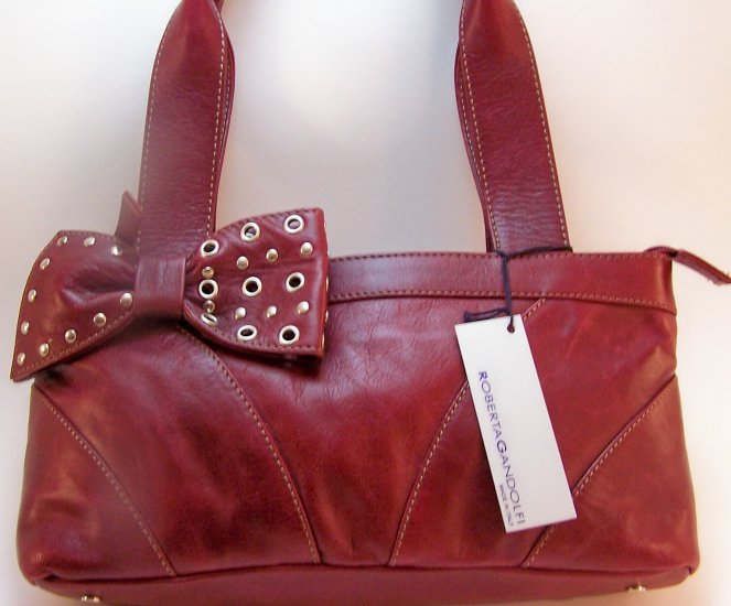 Roberta Gandolfi Italian Leather Shopper Style Handbag with Studded Bow in Red