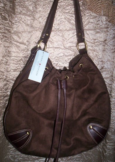 Tommy Hilfiger Alexandria Large Drawstring Hobo in Brown Ultra Suede