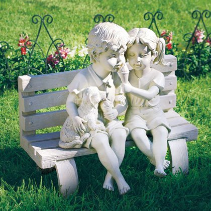 Children and Dog Eating Ice Cream on Bench Sculpture