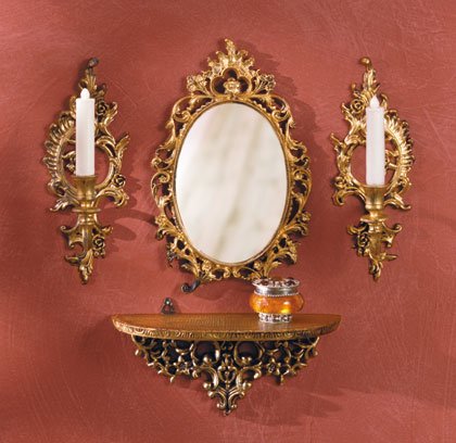 Baroque-Style Mirror, Shelf and Candle Sconces.