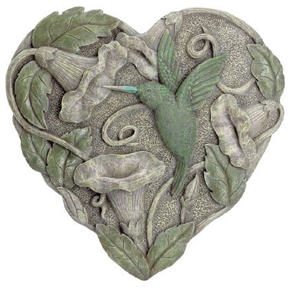 Heart-shaped plaque with hummingbird and morning glories