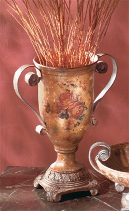 Antique-Look Rose Design Decorative Urn With Mottled Copper Finish.