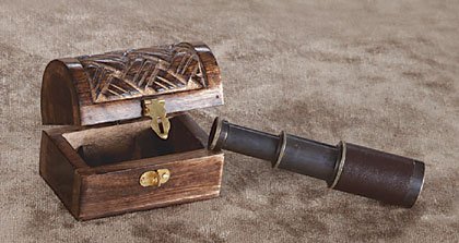 Hand-Carved Mango Wood Box Holds Leather Covered Telescope.