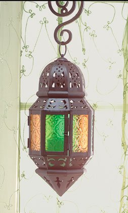 Moroccan-Style Metal Candle Lantern With Colored Glass Panels