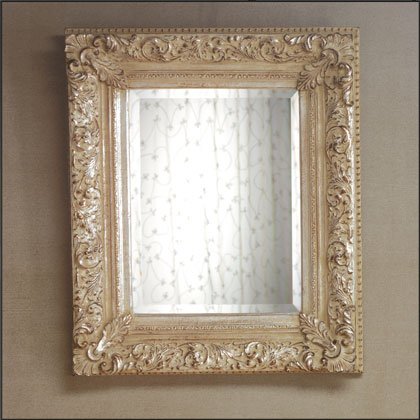 Beveled Wall Mirror With Antique Silver-Finish Alabastrite Frame.