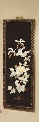 Inlaid shell blue, yellow and pink birds made from shell on a lacquered wood screen