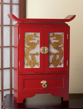 Exotic dragon motif wood cabinet