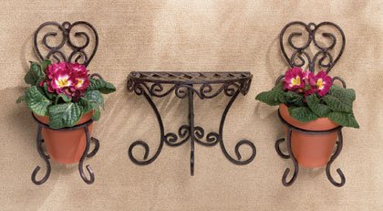 Wrought iron cafe style wall shelf and wall planters
