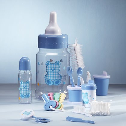 Blue 10-piece baby gift set in a bottle savings bank.