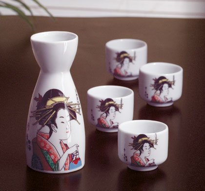 Geisha design sake pitcher and four cups