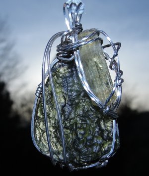 9.1g Moldavite & 2g Heliodor Silver Wrap
