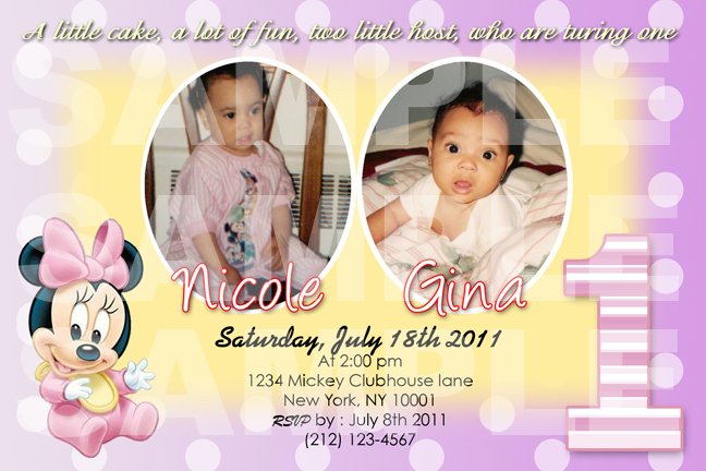 Minnie Mouse Twins First Birthday Invitaions. 4 x 6 you print High Res digital file