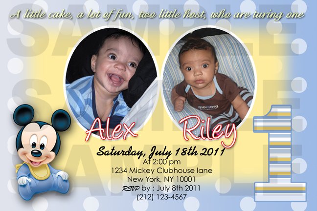 Mickey Mouse Twins First Birthday Invitaions. 4 x 6 you print High Res digital file