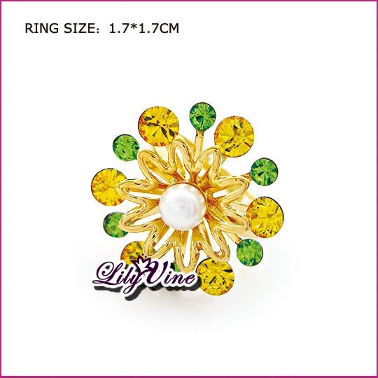 Green Crystal and Citrine Flower Gold Plated Crystal Ring, Rings
