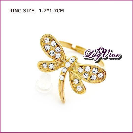 Gold Plated Dragonfly Crystal Ring, Rings