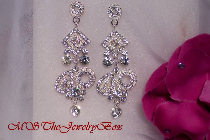 White / Clear Crystal Art Deco Chandelier Earrings, Dangle, Drop