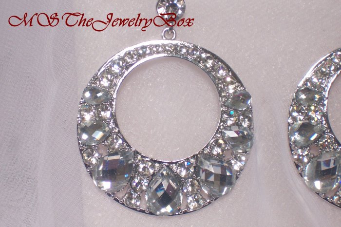 White / Clear Crystal Hoop Chandelier Earrings, Dangle, Drop
