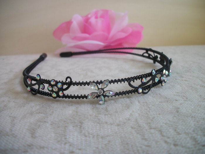 WHITE AB Crystal, Rhinestone Black Prom Headband, Tiara, Bridal, Wedding Hair Jewelry