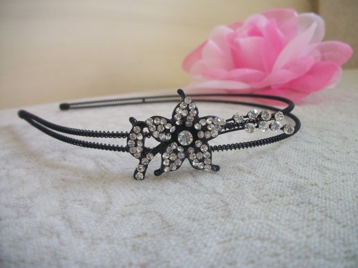 WHITE FLOWER LEAF Crystal, Rhinestone Prom Black metal Headband, Tiara, Bridal, Wedding Hair Jewelry