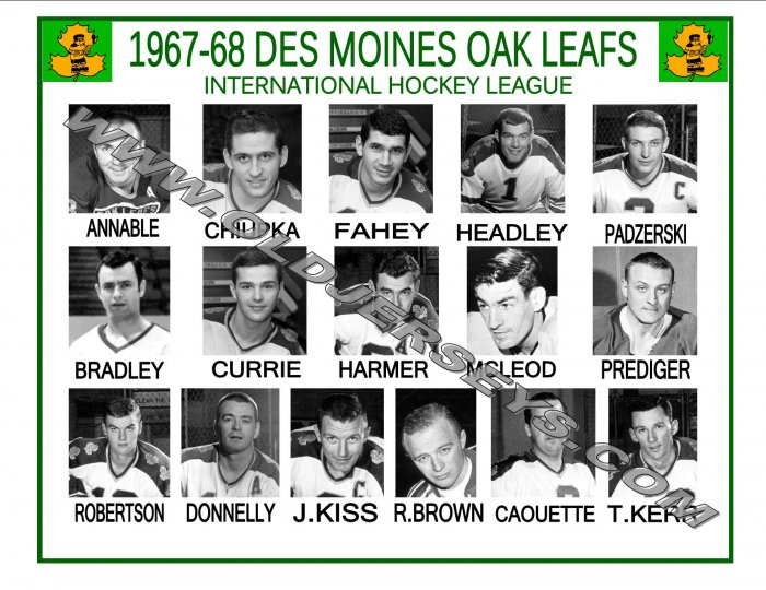 1967-68 DES MOINES OAK LEAFS IHL HEADSHOTS TEAM PHOTO