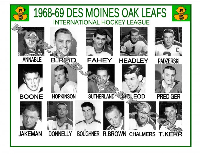 1968-69 DES MOINES OAK LEAFS IHL HEADSHOTS TEAM PHOTO