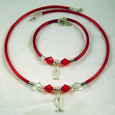 Kids Red Necklace & Bracelet Set with Christian Fish Charms