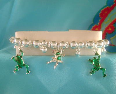 FROG Dancing Frogs Charm Bracelet Silvertone & Green